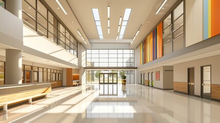 A high-ceiling school entrance featuring sleek, contemporary design and spacious layout