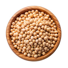 Soy beans seeds on wooden bowl top view isolated on transparent background