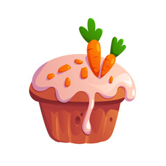 Carrot Muffin Covered with White Glaze. Baked Dessert. Vector Illustration Carrot Cupcake Cilpart.