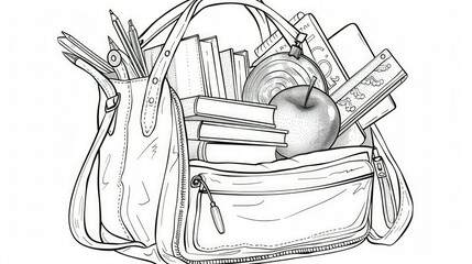 Black line drawing of a school bag with books and an apple, ideal for a coloring book cover.