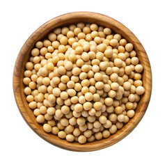 Soy beans seeds on wooden bowl top view isolated on transparent background