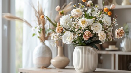 Home vase flower arrangement. Interior floral set. Fresh decorative flowers. European flower shop delivery.