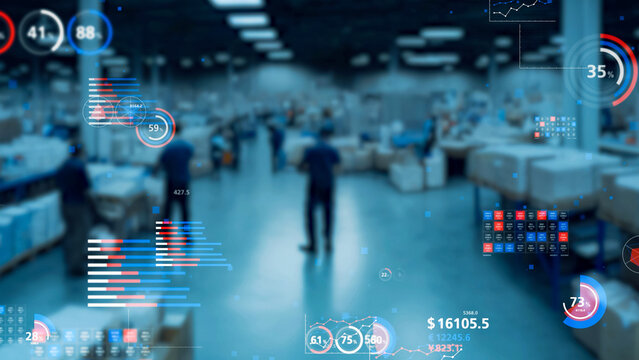 Futuristic warehouse and statistics data concept.
