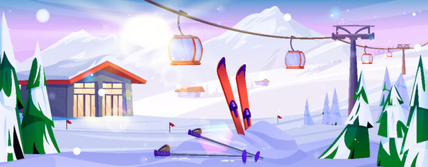 Ski and poles in snowdrift on winter mountain resort with hotel chalet and red cabin on cableway. Cartoon snowy landscape with houses and ropeway for cold season sport and recreation at hills. © klyaksun