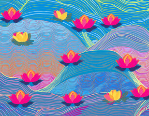 Waves with Floating Lotus Flowers
