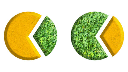 pie chart, gold and jungle/leaves/grass, isolated on transparent background, suitable for template economy and ecosystem environment  