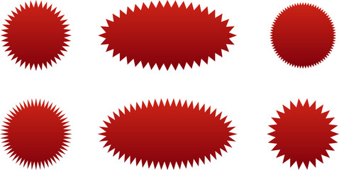 Red sticker or label design blank. Collection of special offer sale oval and round shape sunburst labels and badges. Promo stickers with star edges. Vector.