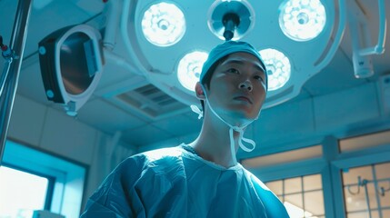 Handsome Korean male doctor in blue surgical gown in cinematic style, with epic lighting in hospital operating room, warm color tone, sun light, 8