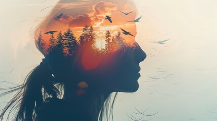 Double exposure photograph of a woman's silhouette with birds and sunset forest landscape inside her head.