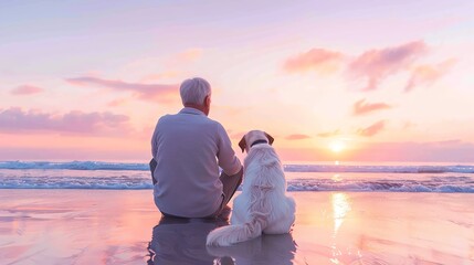 Fototapeta premium Serene Sunset Bond, an elderly man and his loyal dog enjoy tranquil moments by the shoreline, as a colorful sunset creates a peaceful horizon and reflective waves.