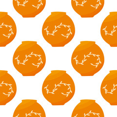 Chinese ceramic traditional Vase with painted branches and leaves. Colored Seamless pattern on a white background. Hand drawn vector illustration.