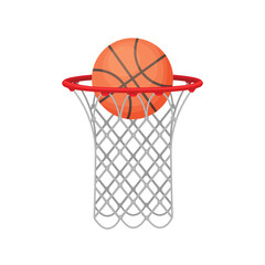 A basketball and a basketball basket. The ball is in the basketball basket. Sports equipment for playing basketball. Vector illustration.