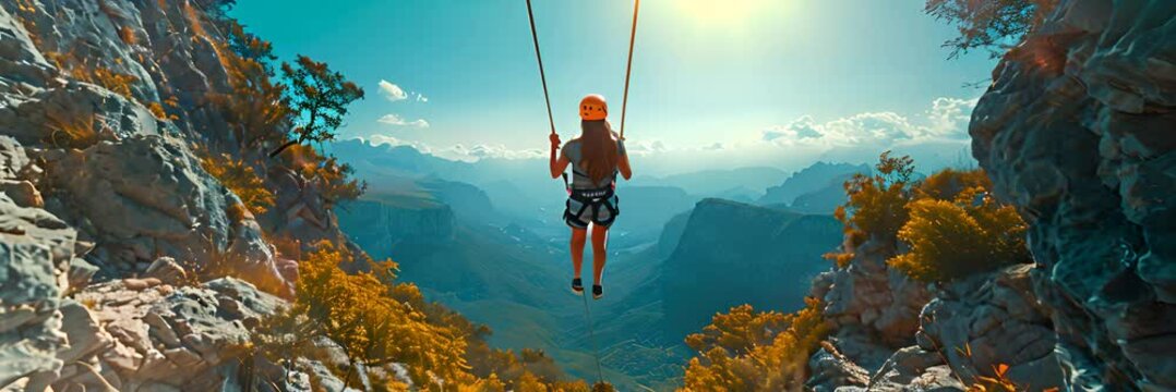 surreal moment of a woman having fun on a swing hanging from the sky