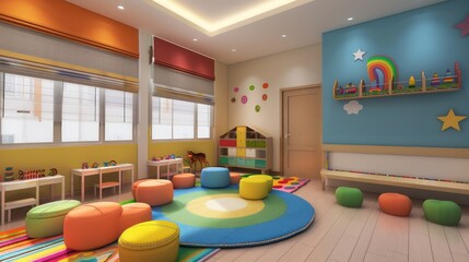 A modern kindergarten room featuring vibrant colors and playful, fun d?(C)cor