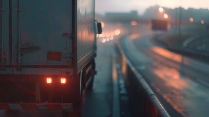 Fototapeta premium Selective focus delivery truck on highway with ethereal transportation theme and blend mode against backdrop.