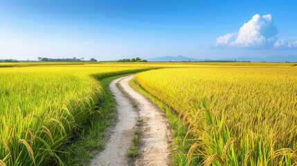 Pathway Through Lush Green Rice Field