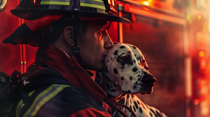 Dynamic firefighter with Dalmatian against firehouse backdrop, highlighting companionship theme and copy space.