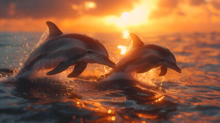 Two Dolphins Jumping Out The