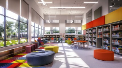 A modern, vibrant school library with sleek furniture and eye-catching accents