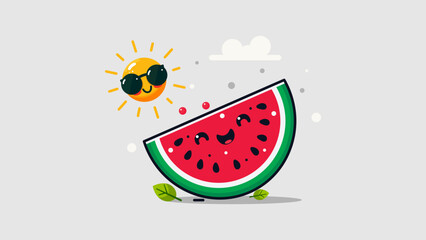 Cute Watermelon Character and Sunrise Flat Design. This charming design features a cute watermelon alongside a sunrise, creating a warm and playful vibe. Ideal for summer-themed and cheerful visuals