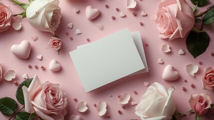 A Pink Background With Hearts and Roses Surrounded by a Blank White Piece of Paper - Generative AI