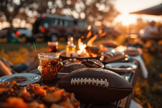 Sunset picnic with food and football on wooden table, tailgating