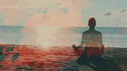 Meditating person on sandy beach with double exposure, tranquil sea background, serene and ethereal vibes, early morning tranquility.