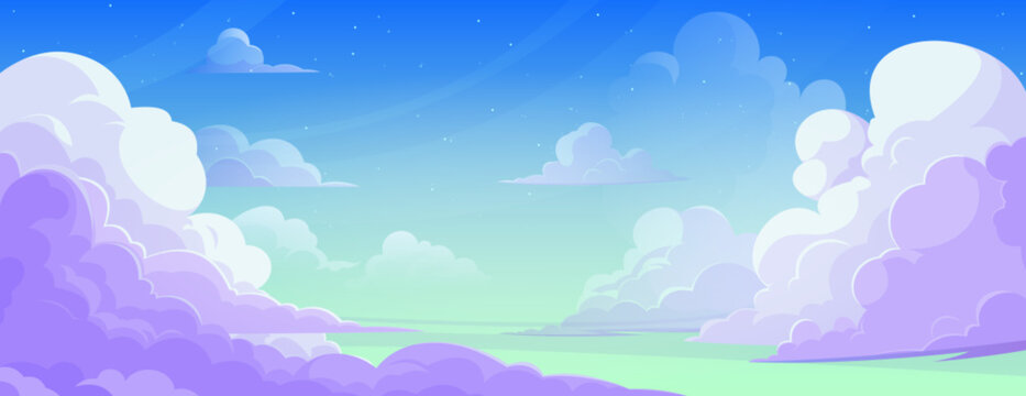 Anime blue sky with cloud cartoon background. Summer heaven abstract painting art bg. Fluffy element cloudscape with star border for manga. Beautiful gradient space panorama graphic in evening