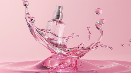 Pink background with liquid chrome splash around invisible bottle