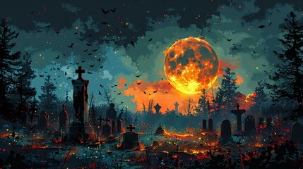Creepy graveyard under a full moon, bats circling