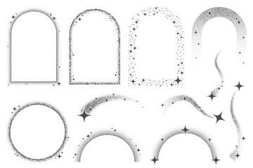 Magic stars elements with sparks and celestial frames. Vector shapes with glitter. Bohemian mystic graphic with glowing starburst. Decorative abstract arches set.