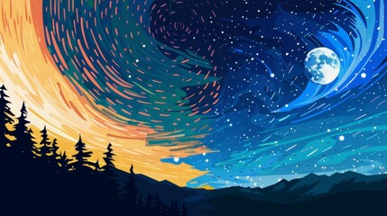 Starry night cartoon drawing with sky pixel art in a flat design featuring split-complementary color scheme.