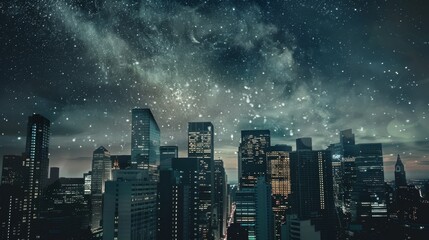 Obraz premium Bustling city skyline double exposure with starry sky backdrop, cosmopolitan theme, ethereal and surreal on a clear night.