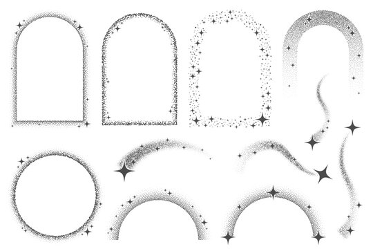 Magic stars elements with sparks and celestial frames. Vector shapes with glitter. Bohemian mystic graphic with glowing starburst. Decorative abstract arches set.