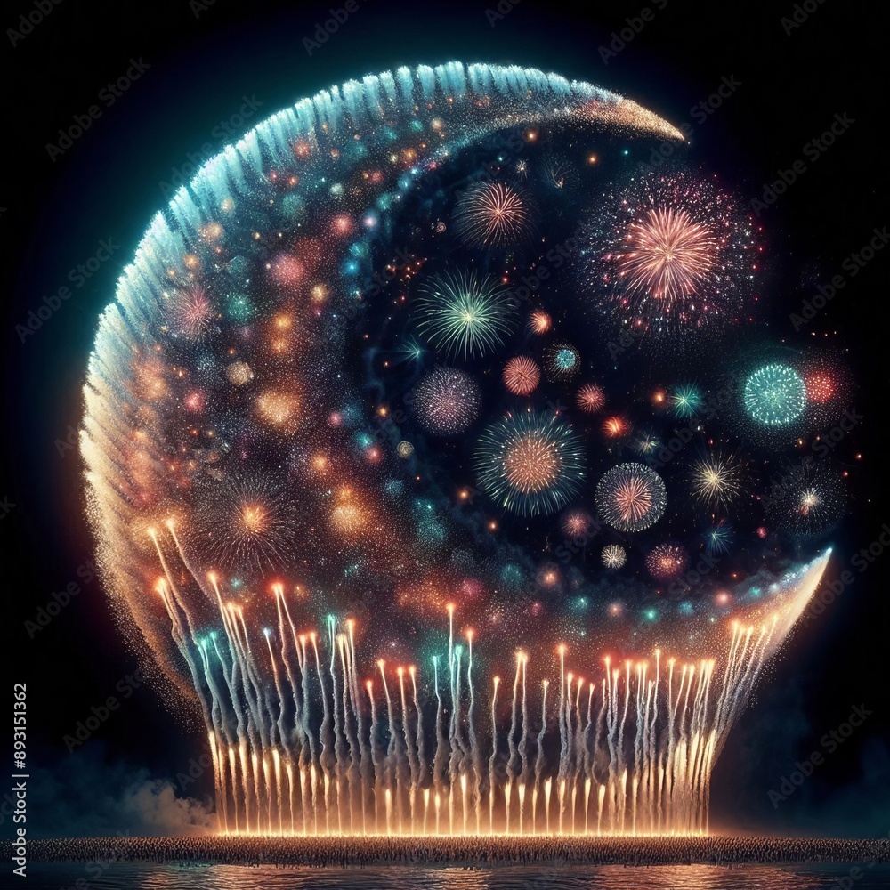 Wall mural 86 51. C-shaped shells_ Large, spherical fireworks that explode