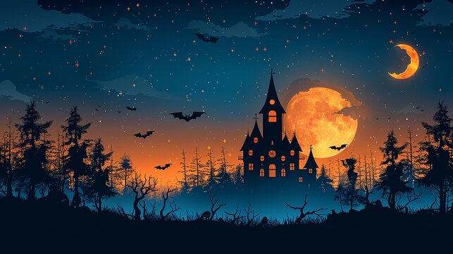 Haunted house with ghostly figures and bats