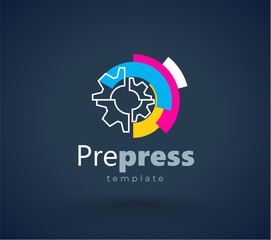 Logo Prepress. Gear Printing СMYK theme. Abstract Roller ink. Template design vector. Black background.