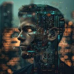 Cyberpunk Man With Digital Circuitry Overlay
