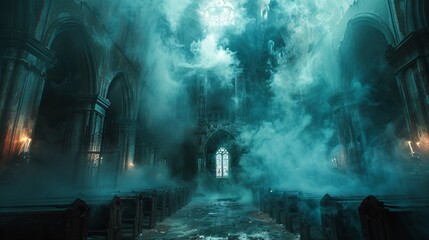 Haunted church with eerie lights and ghostly figures