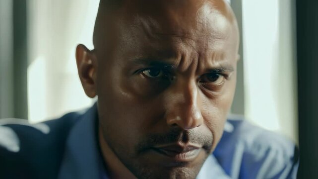 Close-up: Bald man leans forward, intense expression. Wide eyes convey urgency. Light blue shirt contrasts with serious demeanor. 