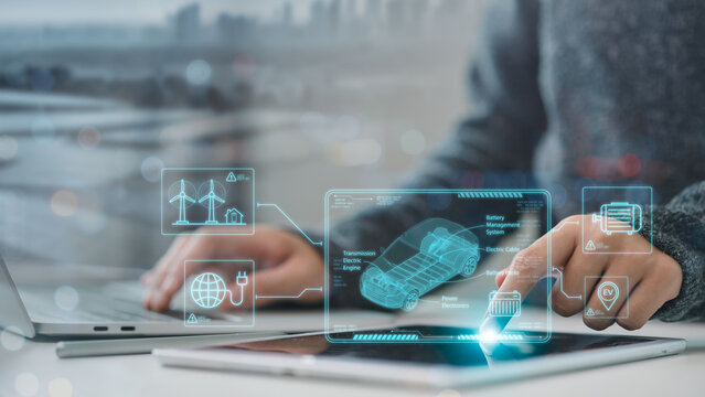 Energy EV car concept. Futuristic hybrid vehicle charge battery electric on station with icon illustration environment friendly. green eco-technology