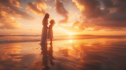 Fototapeta premium A Mother and Daughter Hugging on the Beach With the Sun Setting In the Background - Generative AI