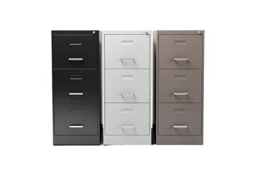 Three Steel Filing Cabinets in Black, White, and Gray on a Clear PNG or White Background.