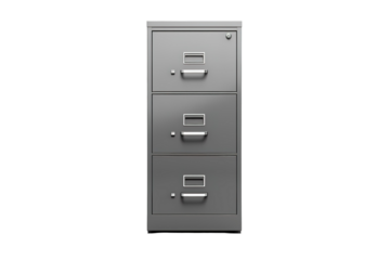 A Gray Steel Filing Cabinet With Three Drawers and a Keyhole on a Clear PNG or White Background.