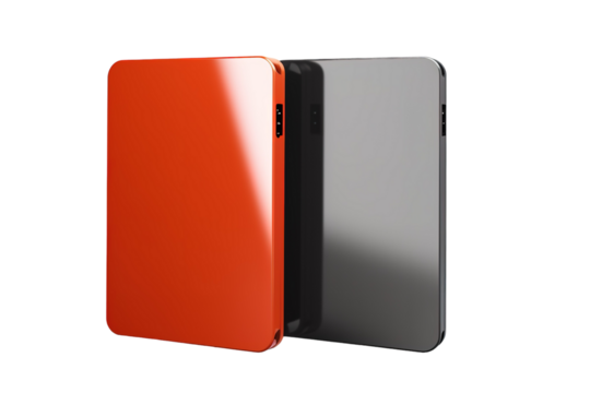 An Orange And Black Duo Of Portable Storage Devices On A White Background on a Clear PNG or White Background.