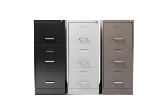 Three Steel Filing Cabinets in Black, White, and Gray on a Clear PNG or White Background.