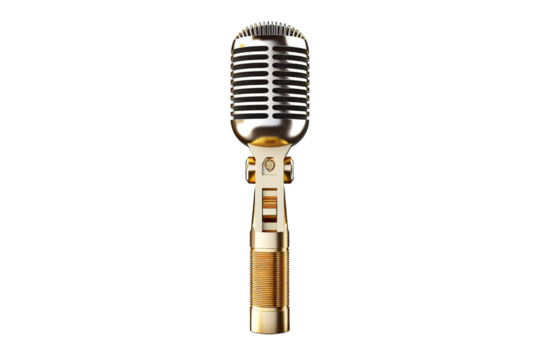 A Golden Microphone Ready to Capture Timeless Melodies on a Clear PNG or White Background.