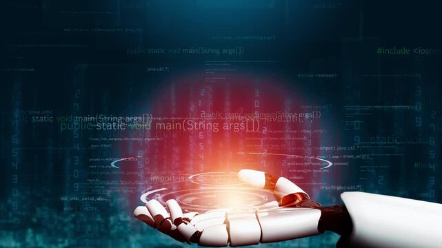MLP Futuristic robot artificial intelligence revolutionary AI technology development and machine learning concept. Global robotic bionic science research for future of human life. 3D rendering graphic