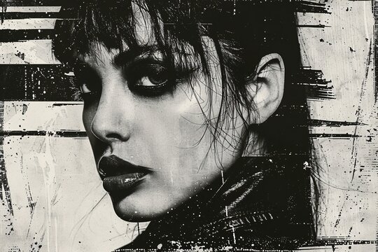 A 90s-inspired woman portrait with a mezzotint photocopy effect for a grunge punk and y2k collage design featuring retro elements and a brutalist vintage illustration for a music poster.