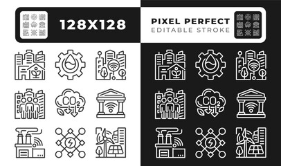 Green city pixel perfect linear icons set for dark, light mode. Smart manufacturing. Renewable energy sources. Thin line symbols for night, day theme. Isolated illustrations. Editable stroke